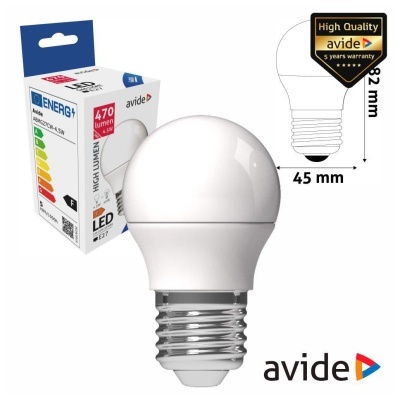 Lâmpada LED branca Avide com embalagem mostrando especificações e dimensões.