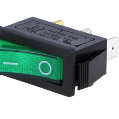 Interruptor de alavanca verde com moldura preta e terminais metálicos