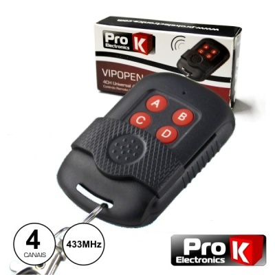 Comando remoto preto Pro K Electronics com quatro botões vermelhos A, B, C, D