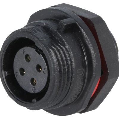 Conector circular preto com quatro pinos e anel vermelho