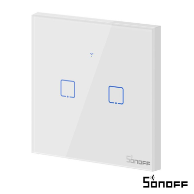 Painel tátil branco com dois ícones azuis e logo SONOFF
