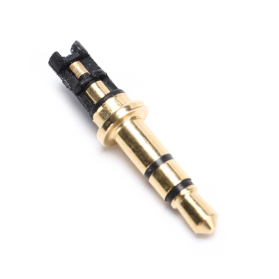 Conector áudio jack de 3.5 mm dourado com detalhes pretos