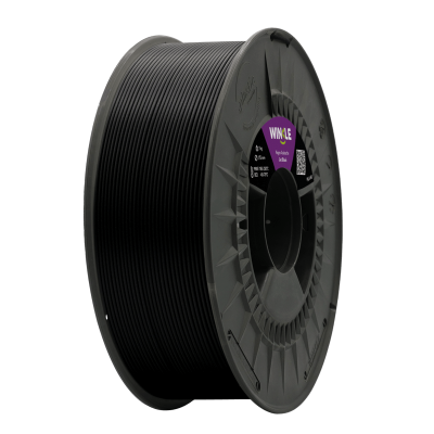 Rolo preto de filamento para impressora 3D com etiqueta WINKLE e informações técnicas.