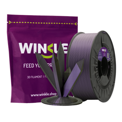 Filamento 3D WINKLE roxo com embalagem e peças impressas