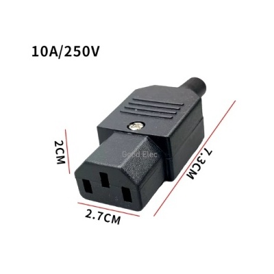 Adaptador elétrico preto com dimensões e texto 10A/250V