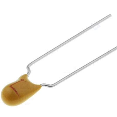 Componente eletrónico amarelo com dois terminais metálicos