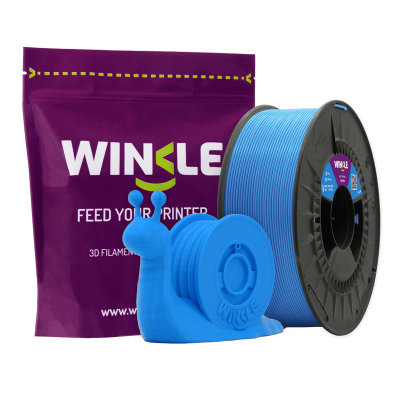 Filamento azul para impressão 3D Winkle com embalagem roxa e figura de caracol impressa