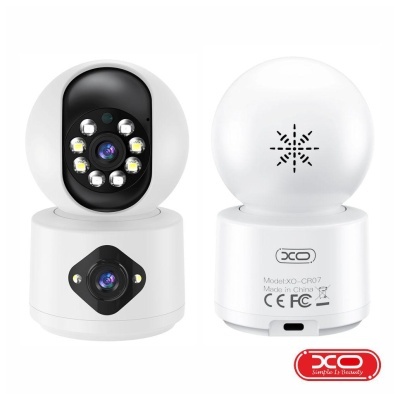 Câmara de segurança branca modelo XO-CR07 vista frontal e traseira