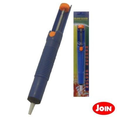 Sugador de solda azul com botão laranja, embalado em cartão verde