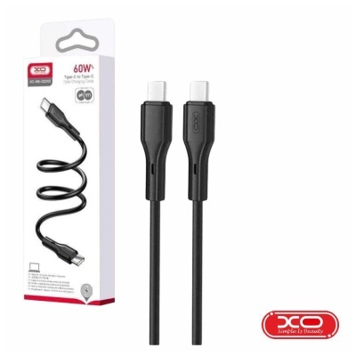 Cabo USB tipo C preto com embalagem branca e vermelha da marca XO