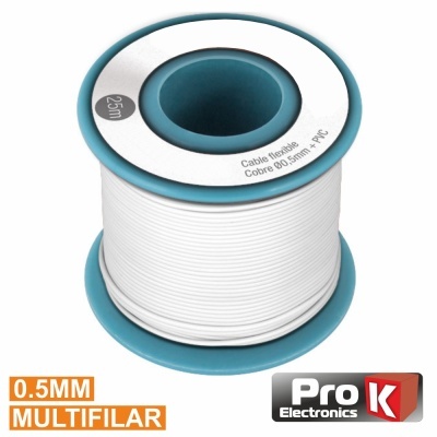 Rolo de cabo flexível multifilar branco de 0,5mm com 25 metros num carretel azul e branco, com etiquetas e logotipo Pro Electronics K