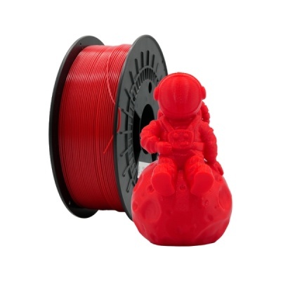 Filamento PETG vermelho para impressão 3D e figura 3D de astronauta