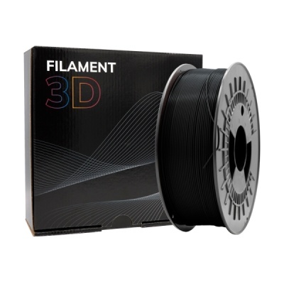 Rolo de filamento PETG 3D preto com caixa preta e texto colorido
