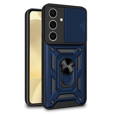 Capa protetora azul escura para smartphone com suporte circular e cobertura ajustável da lente