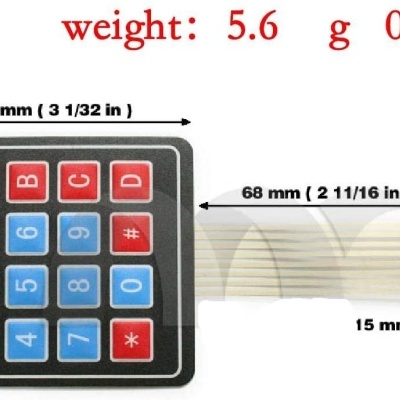 Teclado numérico de membrana colorido com cabo flexível e dimensões indicadas
