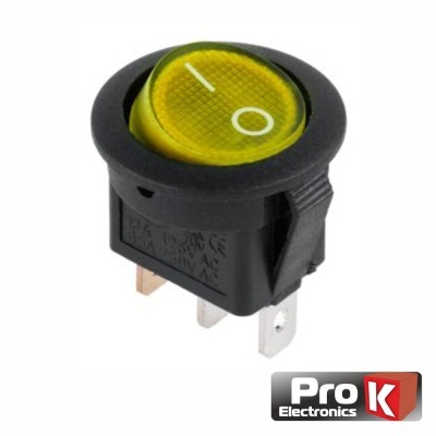 Interruptor de botão amarelo com símbolo I-O e estrutura preta