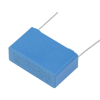 Condensador azul retangular com terminais metálicos