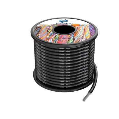 Carretel preto de cabo elétrico com fios coloridos na parte superior e etiqueta 'Technink SPKT' na lateral