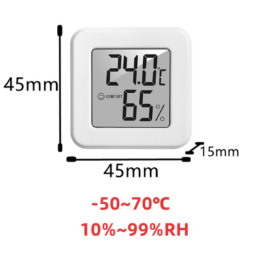 Termómetro e higrómetro digital branco com visor LCD mostrando temperatura e humidade