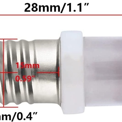 Lâmpada LED pequena com base metálica e cobertura branca opaca, com medidas indicadas.
