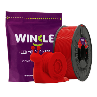 Rolo de filamento 3D vermelho da Winkle com embalagem roxa e modelo 3D de caracol vermelho.