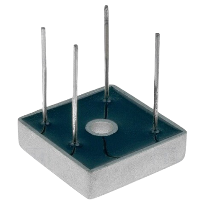 Componente eletrónico quadrado com quatro pinos metálicos