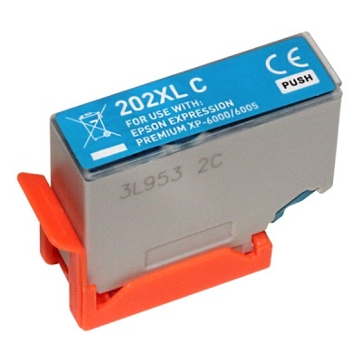 Cartucho de tinta cinzento com etiqueta azul e base laranja para impressora Epson.