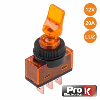 Interruptor basculante laranja transparente com base preta e texto 12V 20A LUZ