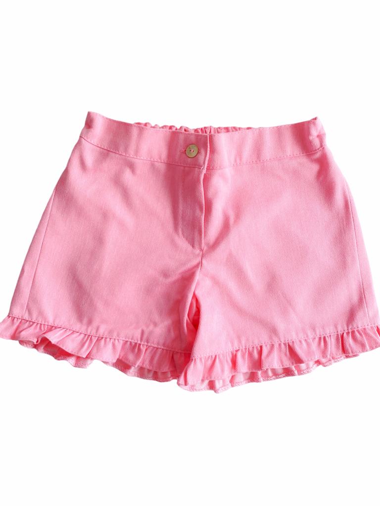 Calções cor-de-rosa com folhos e botão bege