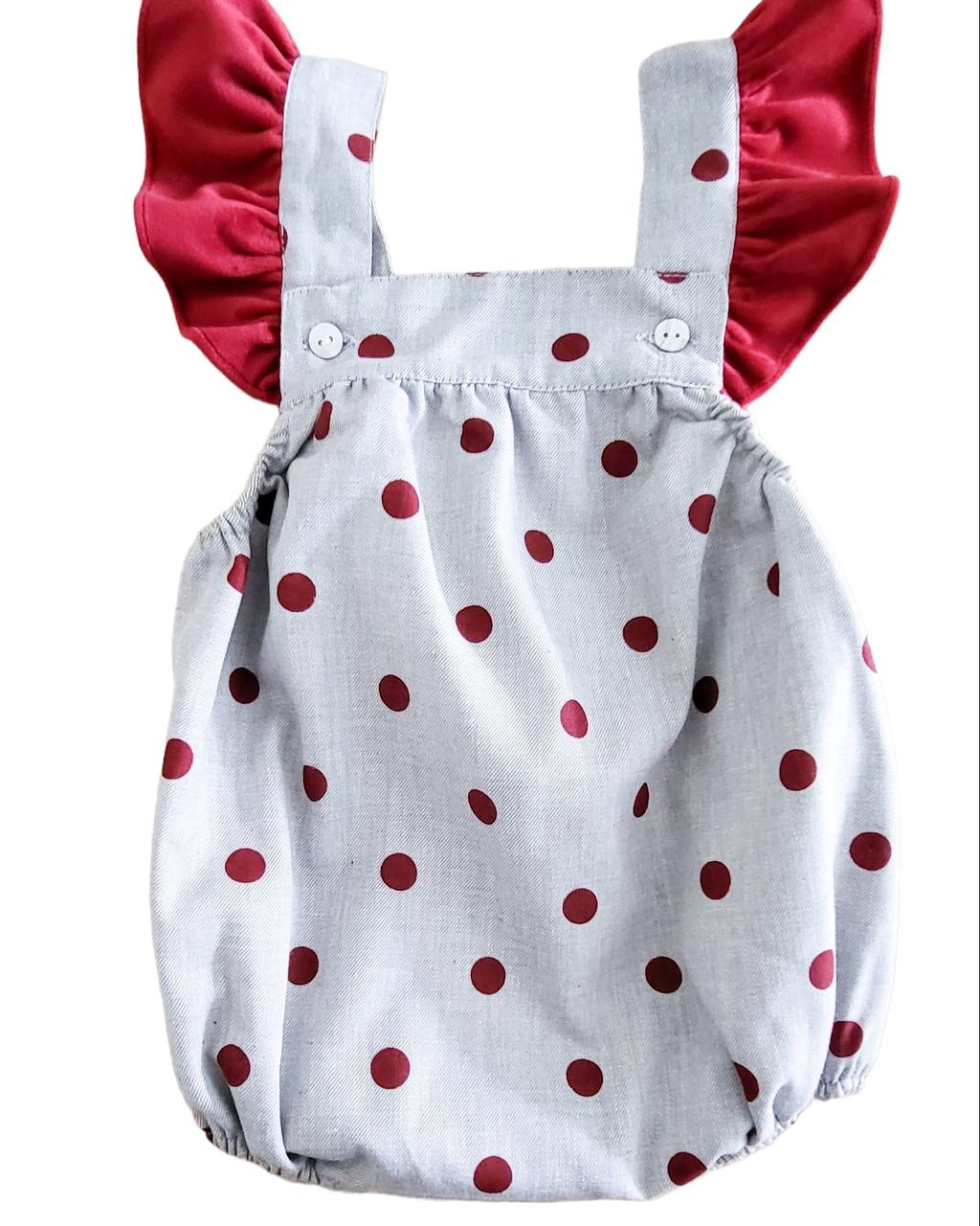 Body para bebé cinzento com bolas vermelhas e folhos vermelhos
