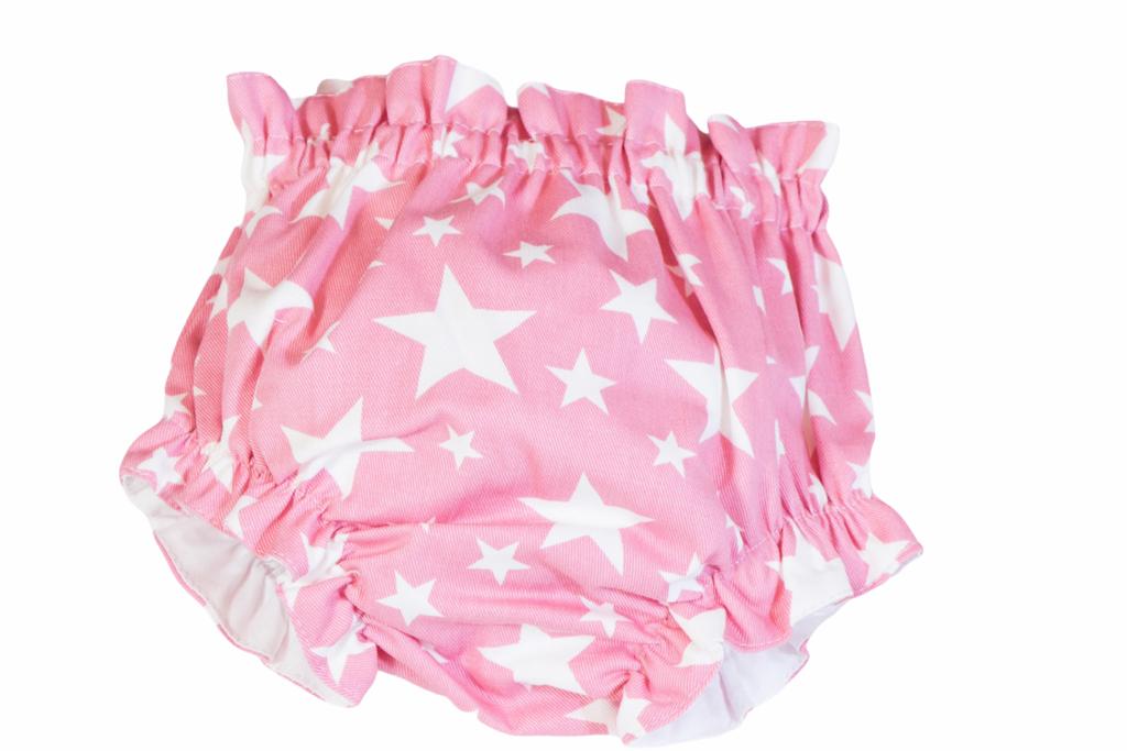 Cueca de bebé rosa com estrelas brancas e elástico franzido