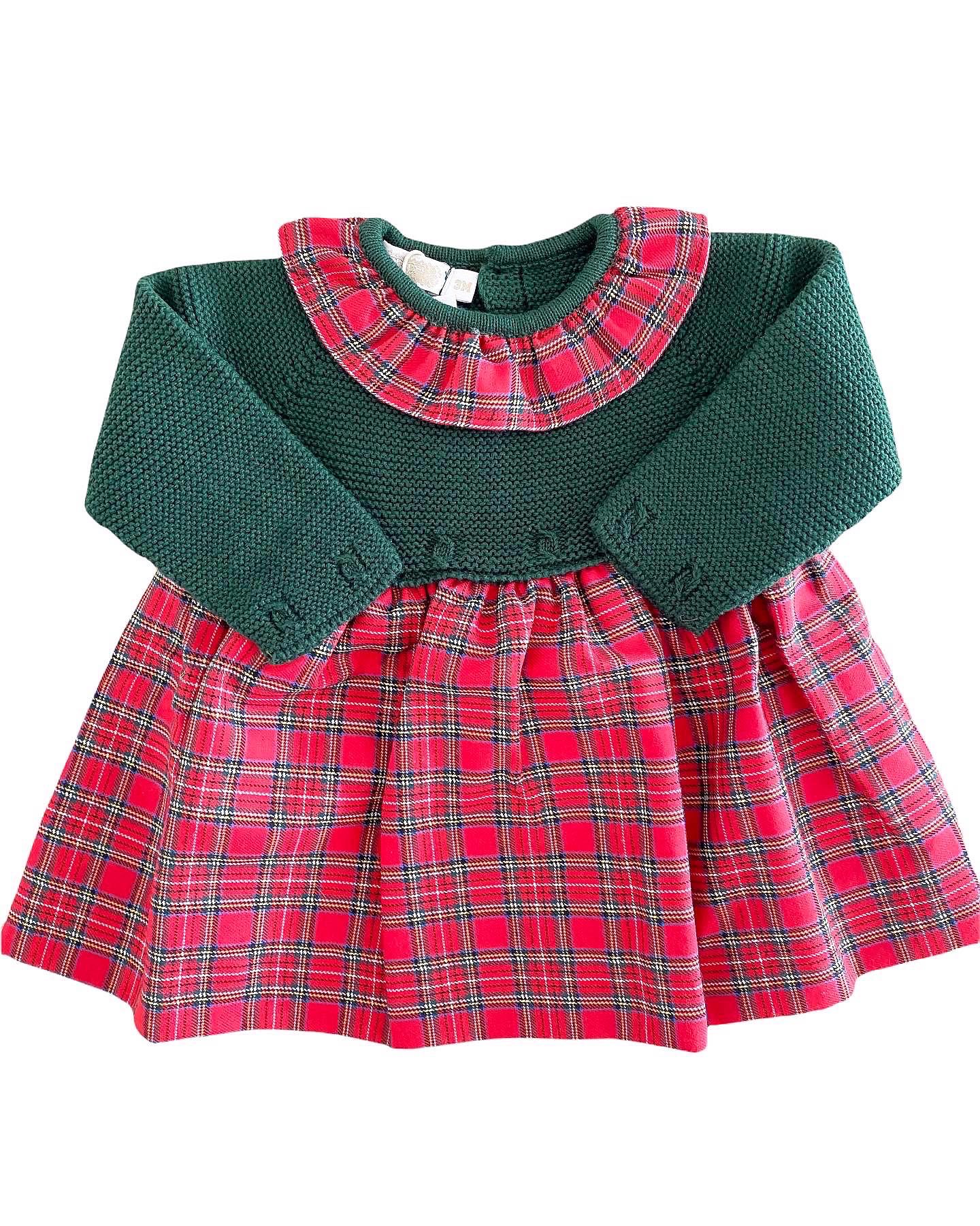 Vestido infantil verde e vermelho xadrez com gola redonda e saia plissada