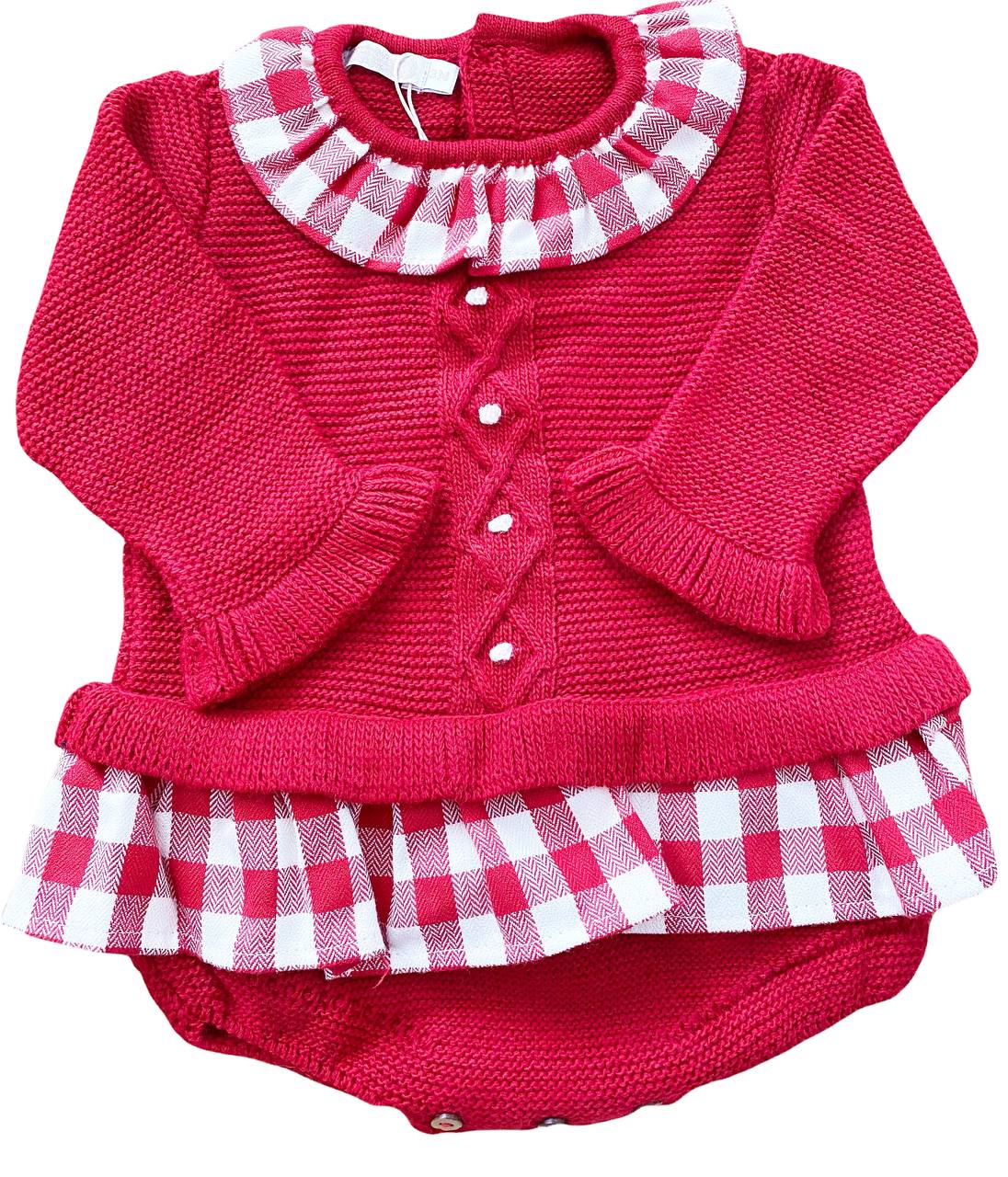 Casaco de bebé vermelho com gola e barra xadrez vermelho e branco