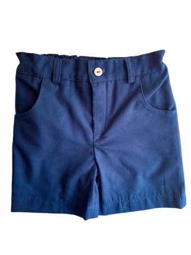 Calções azuis escuros com bolsos e botão branco