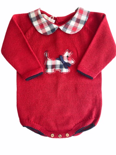 Body vermelho de bebé com gola e aplique de cão xadrez