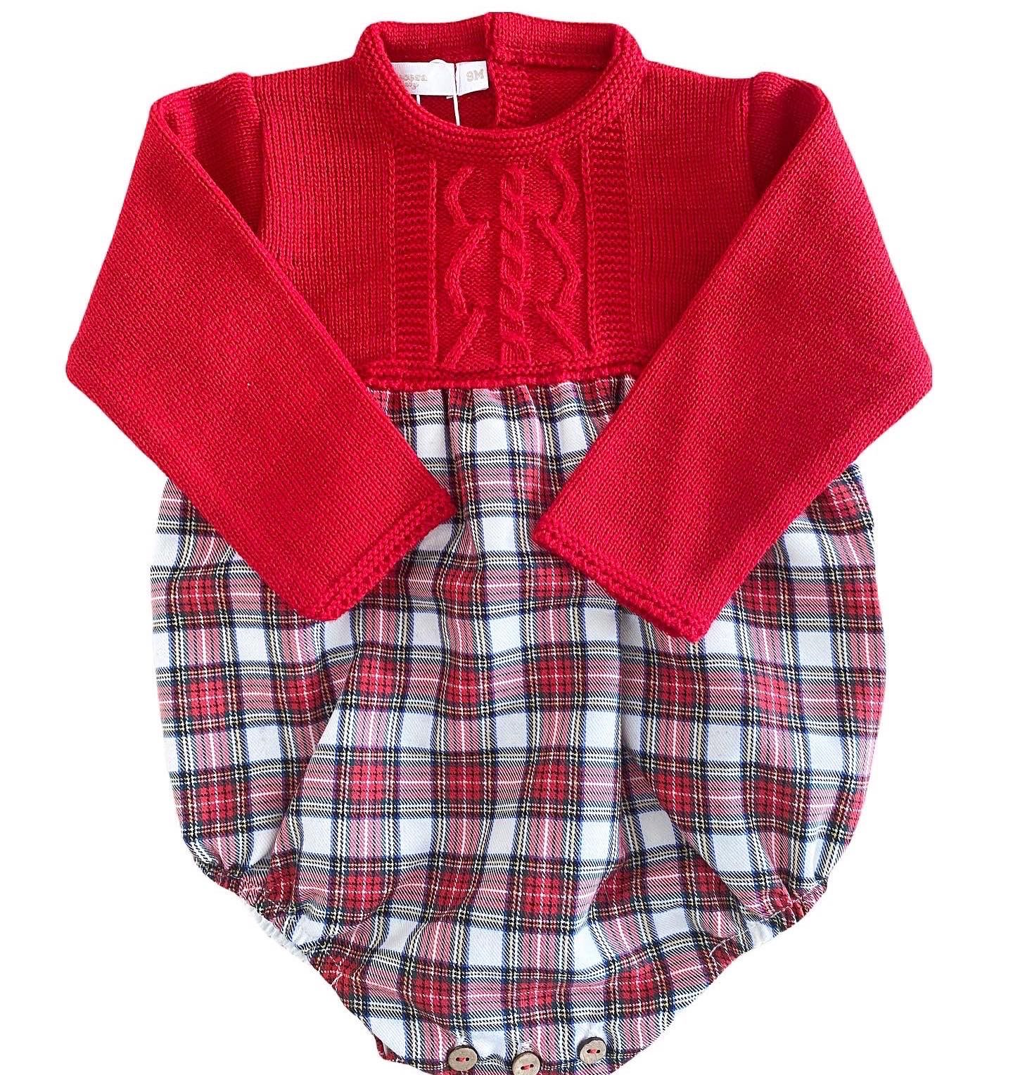 Body de bebé com partes em malha e tecido xadrez
