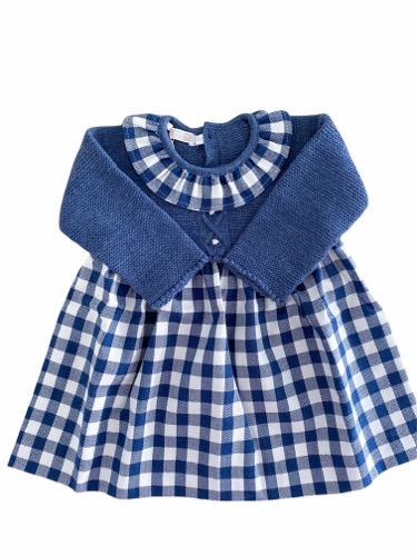 Vestido de criança azul com padrão xadrez e parte superior de malha
