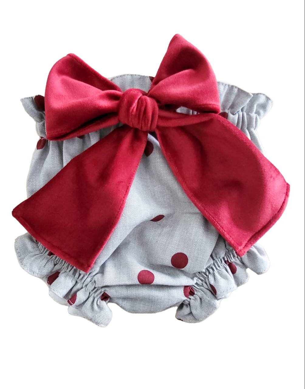 Cueca fralda com bolinhas vermelhas e laço vermelho