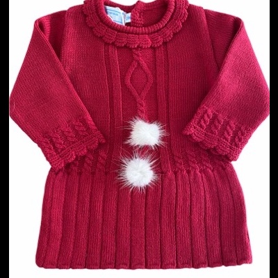 Vestido de malha vermelho para bebé com pompons brancos e padrão trançado