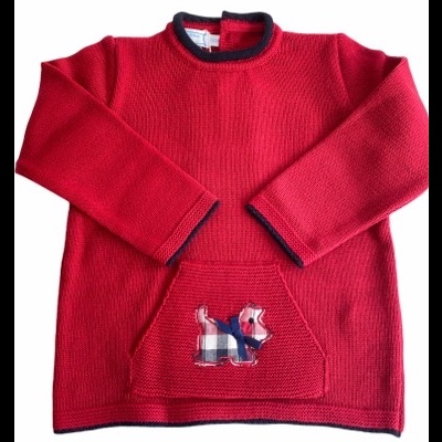 Camisola vermelha de malha com bolso e motivo de cão xadrez