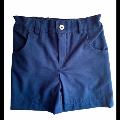 Calções azuis escuros com bolsos e botão branco