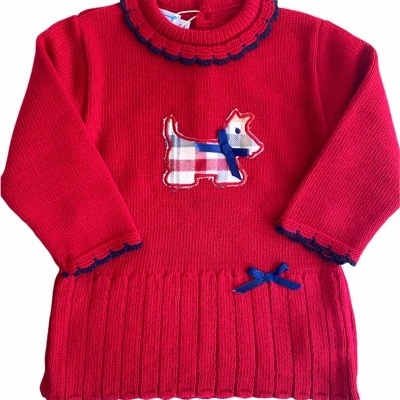 Camisola vermelha de malha para criança com aplique de cão e laço azul