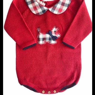 Body vermelho de bebé com gola e aplique de cão xadrez