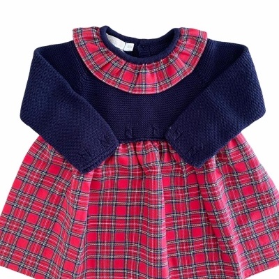 Vestido de bebé azul escuro com saia xadrez vermelha