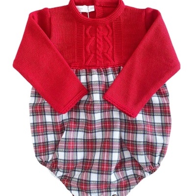 Body de bebé com partes em malha e tecido xadrez