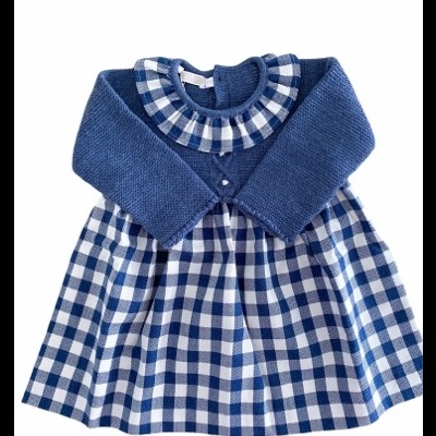 Vestido de criança azul com padrão xadrez e parte superior de malha