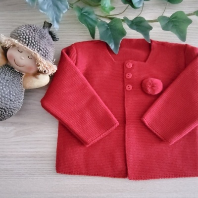 Casaco de malha vermelho com boneco de croché e planta verde