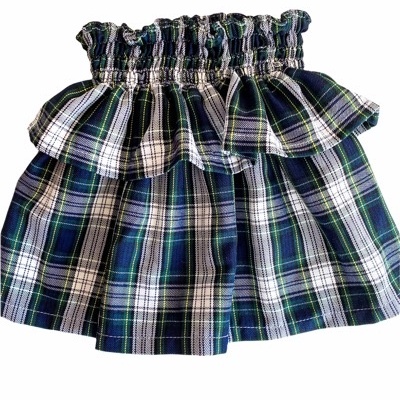 Saia xadrez azul, verde e branco com cintura franzida e babado