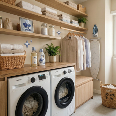 Lavandaria organizada com máquinas Samsung, produtos LopesGo e tábua de engomar.