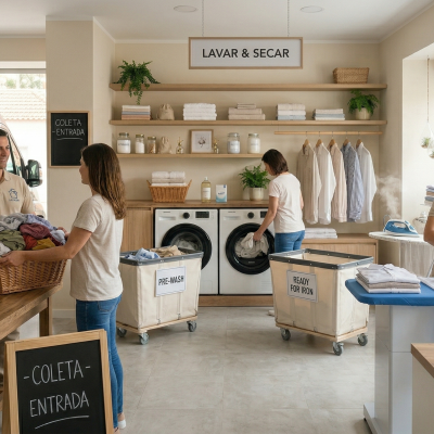 Lavandaria com máquinas de lavar, carrinhos de roupa etiquetados e pessoas a trabalhar.